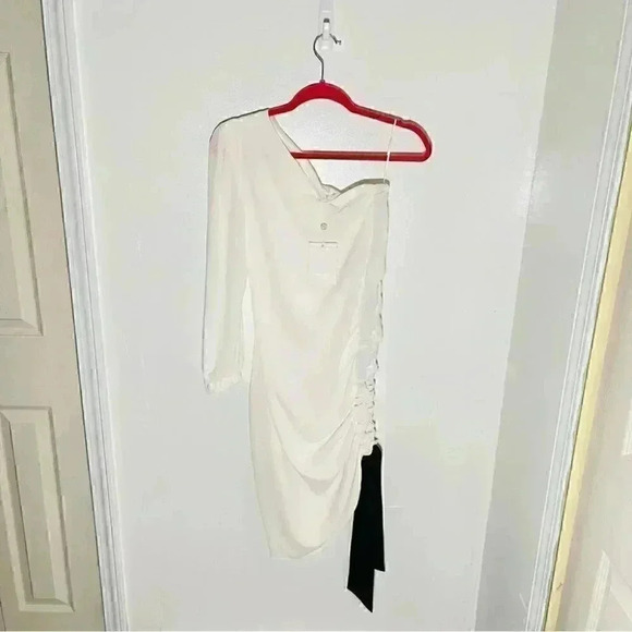 NEW Misha Collection Faye Midi Dress Ivory Ruching Black Bow Bridal Shower Party - Picture 3 of 9